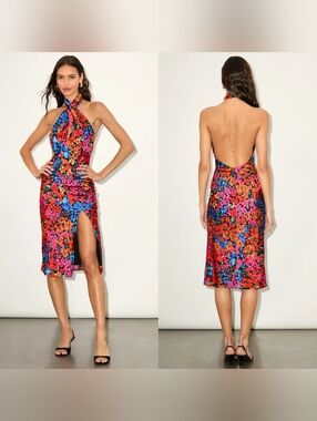 Lulu's Multicolor Floral Halter Midi Dress with High Slit